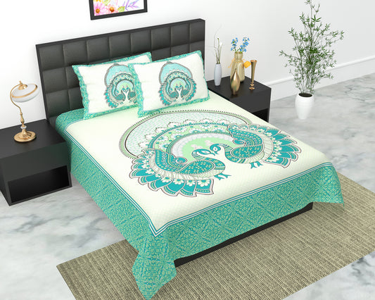 Royal Jaipuri Mayur Bedsheet 100% Cotton Queen Size Bedsheet With 2 Pillow Cover Set