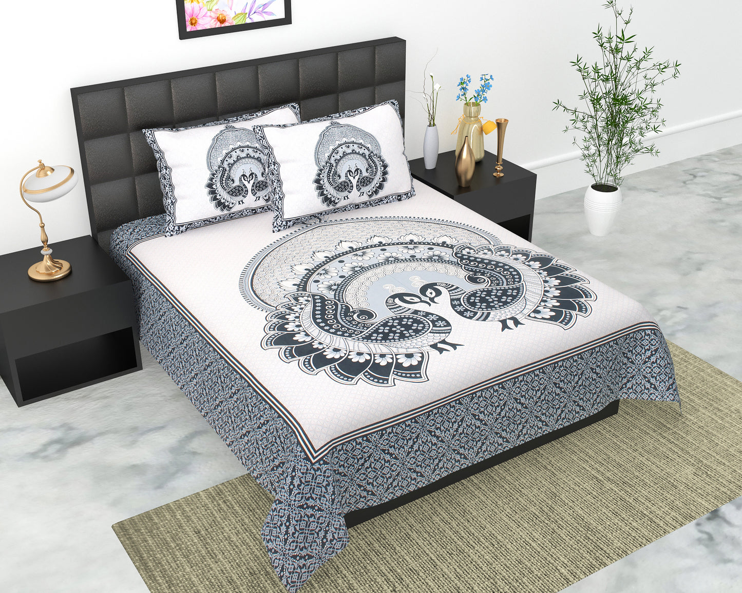 Royal Jaipuri Mayur Bedsheet 100% Cotton Queen Size Bedsheet With 2 Pillow Cover Set