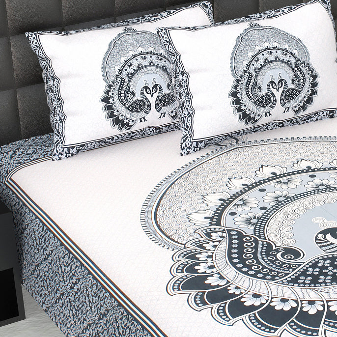 Royal Jaipuri Mayur Bedsheet 100% Cotton Queen Size Bedsheet With 2 Pillow Cover Set