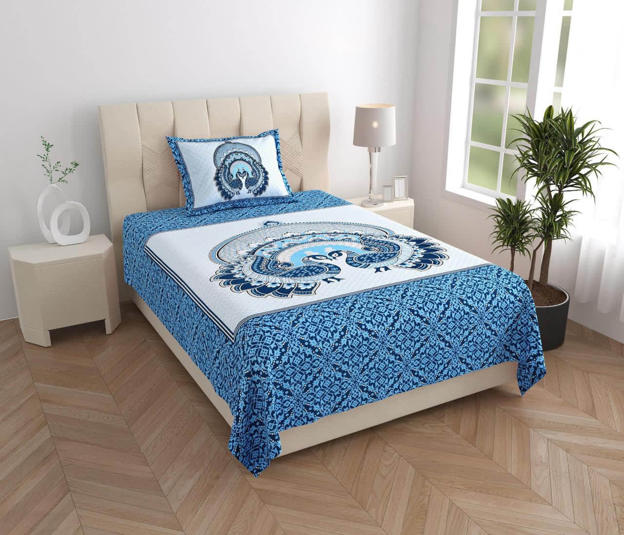New Peacock Print Jaipuri 100% Cotton Single Bedsheet