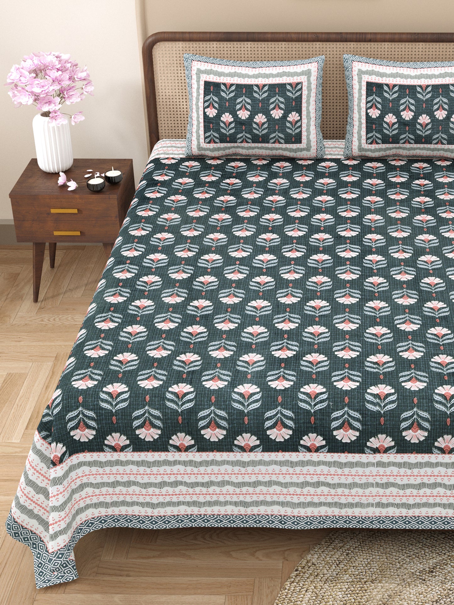 100% Cotton King Size Bedsheet with 2 Pillow Cover Set