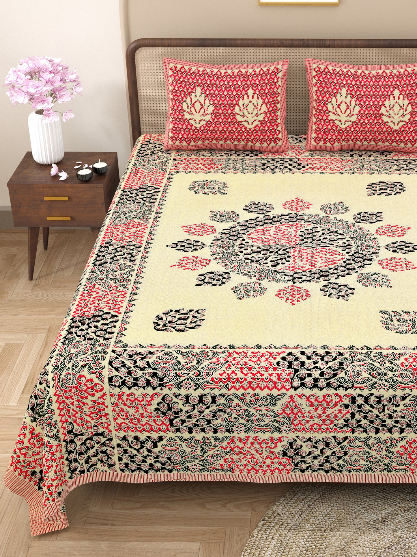 Kashis Print 100% Cotton King Size Bedsheet with 2 Pillow Cover Set