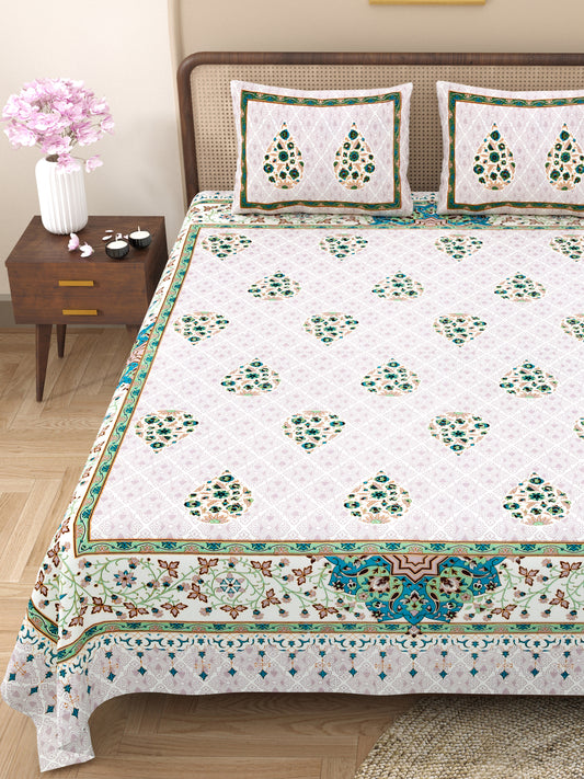 Royal Sanganeri Block Print 100% Cotton King Size Bedsheet with 2 Pillow Cover Set
