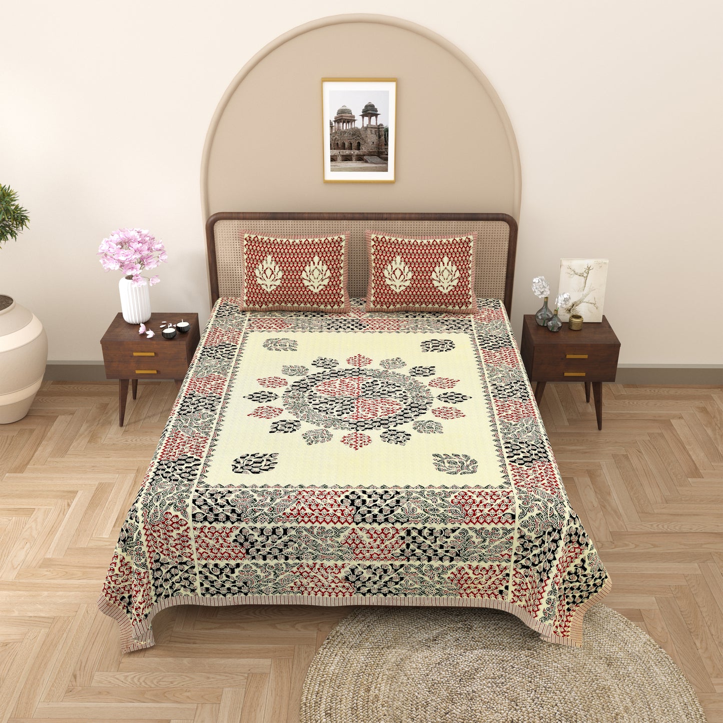 Kashis Print 100% Cotton King Size Bedsheet with 2 Pillow Cover Set