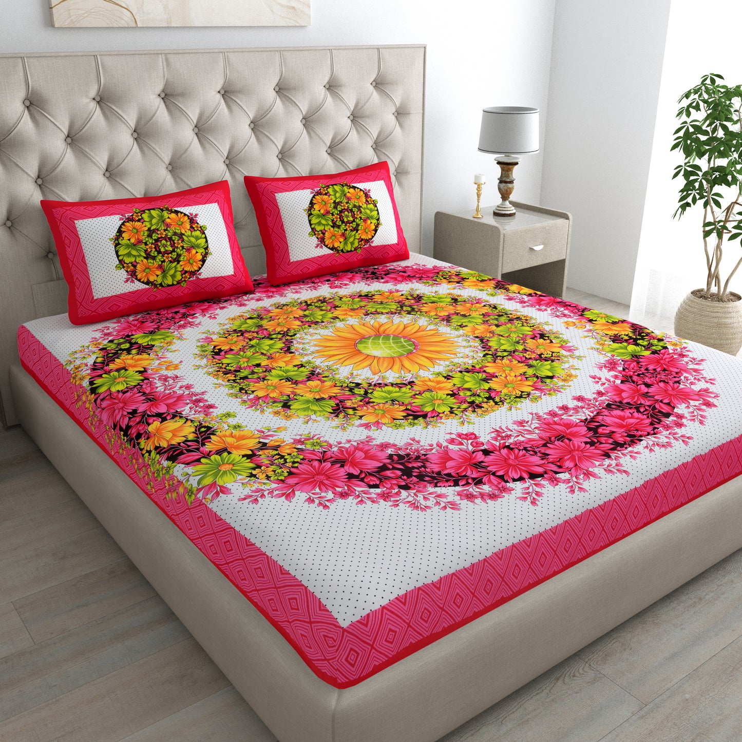 Flower Mandela Bedsheet 100% Cotton Queen Size Bedsheet With 2 Pillow Cover Set