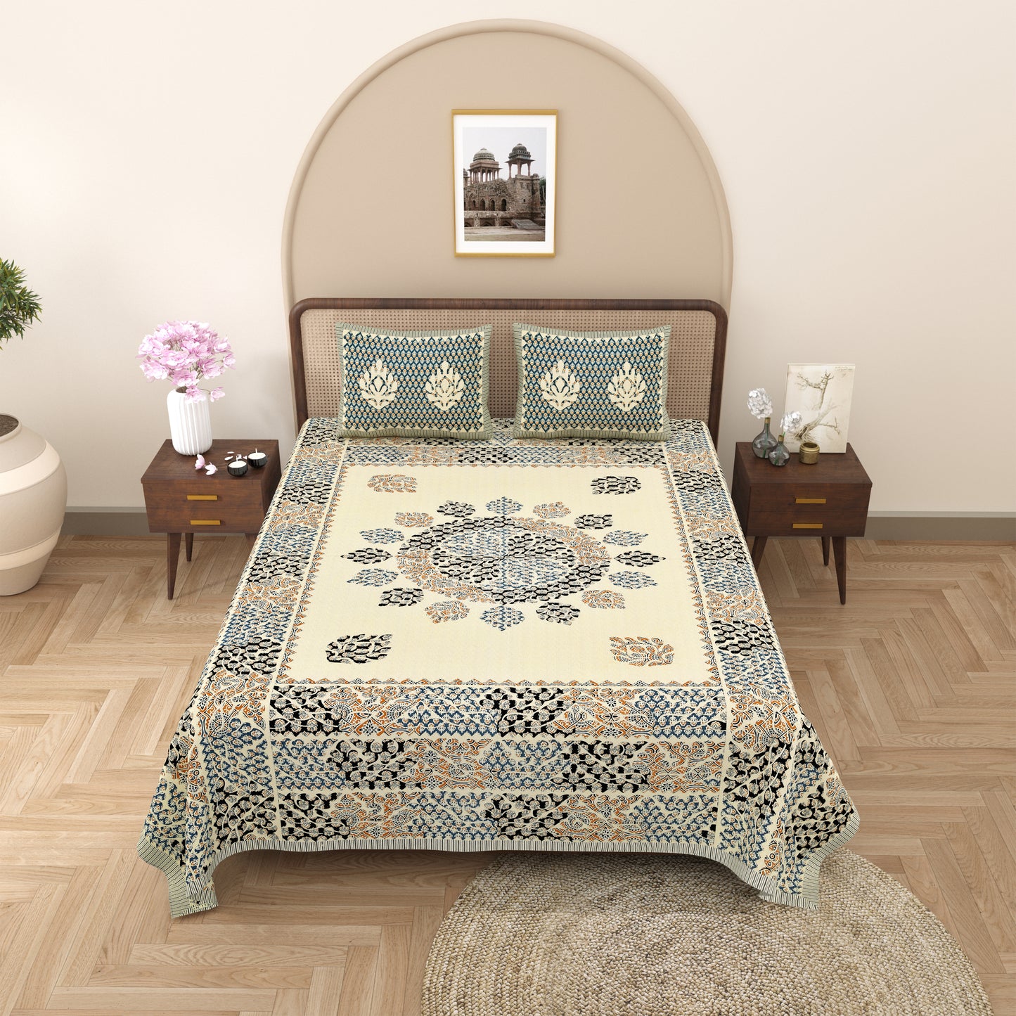 Kashis Print 100% Cotton King Size Bedsheet with 2 Pillow Cover Set