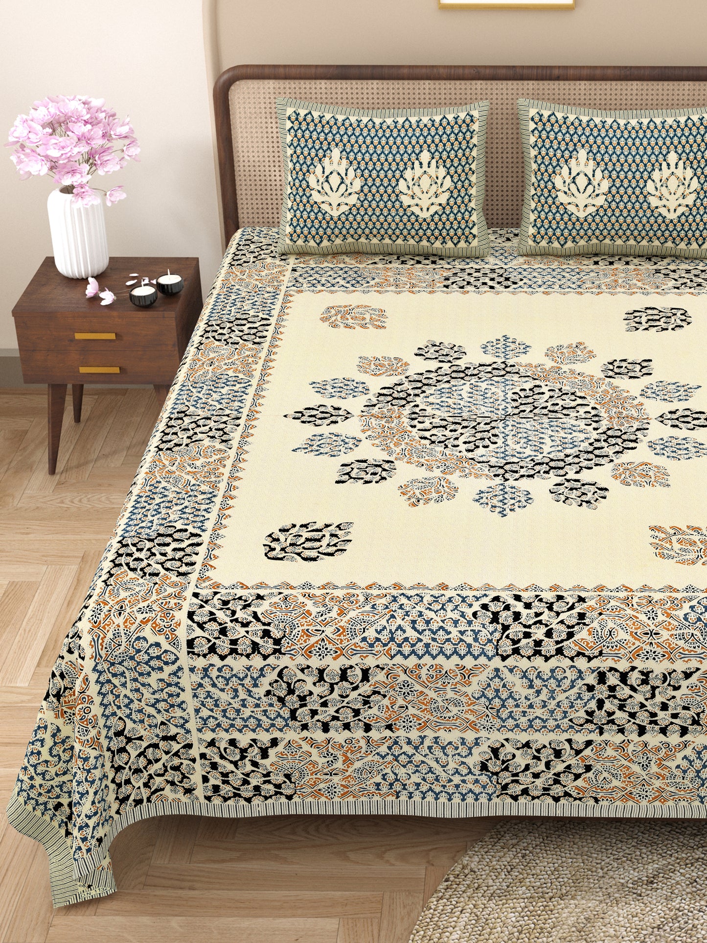 Kashis Print 100% Cotton King Size Bedsheet with 2 Pillow Cover Set