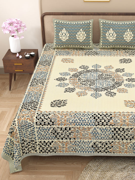Kashis Print 100% Cotton King Size Bedsheet with 2 Pillow Cover Set