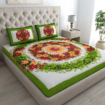 Flower Mandela Bedsheet 100% Cotton Queen Size Bedsheet With 2 Pillow Cover Set