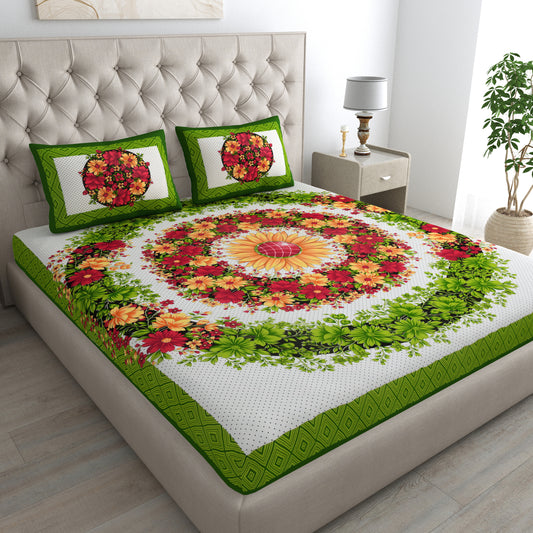 Flower Mandela Bedsheet 100% Cotton Queen Size Bedsheet With 2 Pillow Cover Set