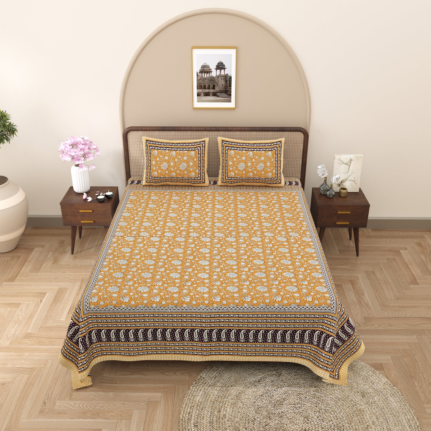 Armenia Print 100% Cotton King Size Bedsheet with 2 Pillow Cover Set