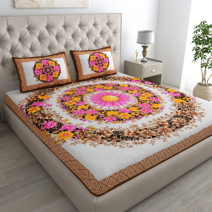 Flower Mandela Bedsheet 100% Cotton Queen Size Bedsheet With 2 Pillow Cover Set