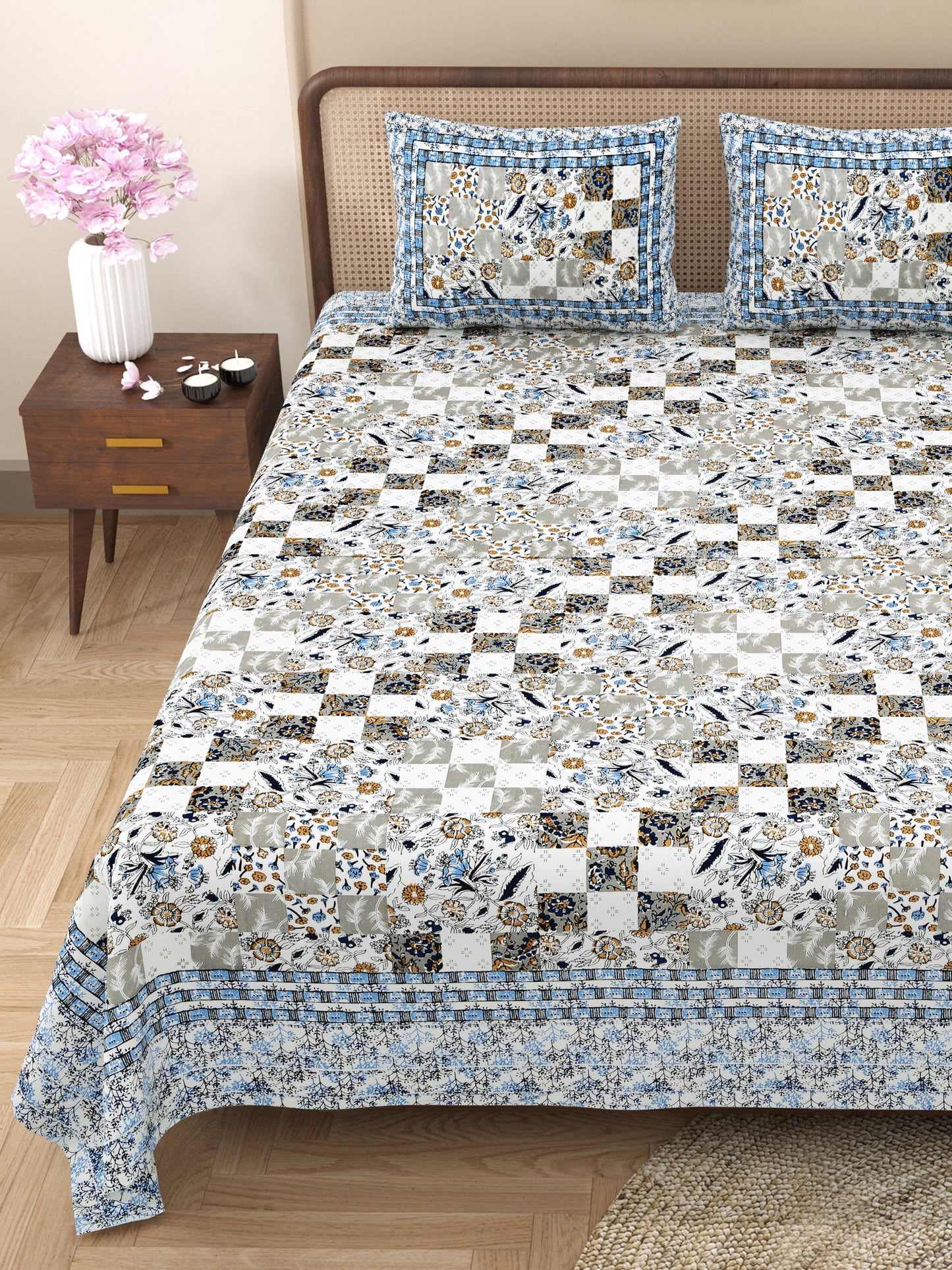 100% Cotton King Size Bedsheet with 2 Pillow Cover Set