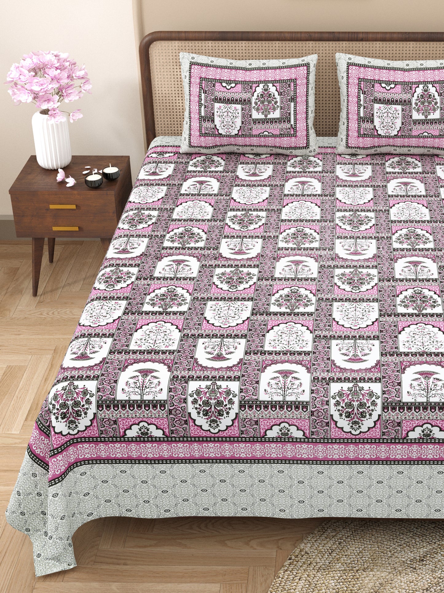100% Cotton King Size Bedsheet with 2 Pillow Cover Set