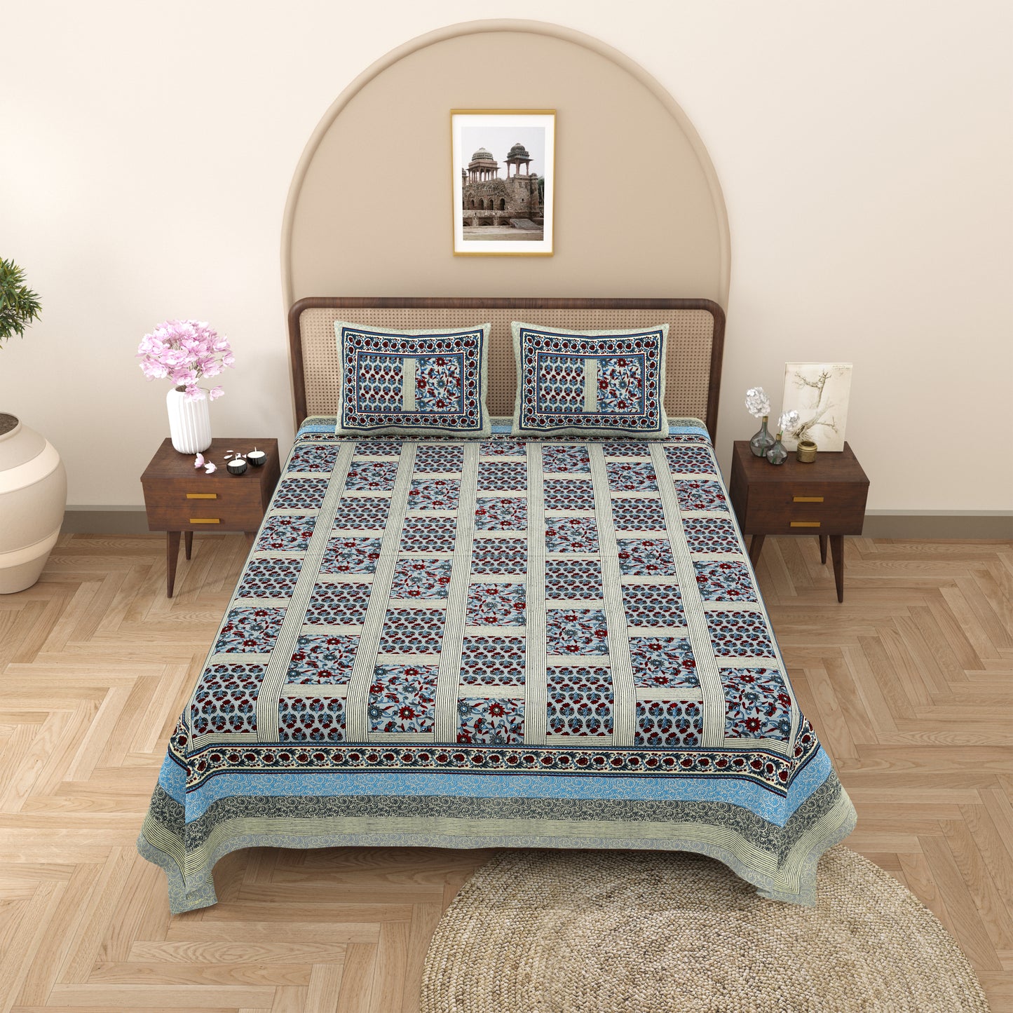 New Box Buti  Print 100% Cotton King Size Bedsheet with 2 Pillow Cover Set