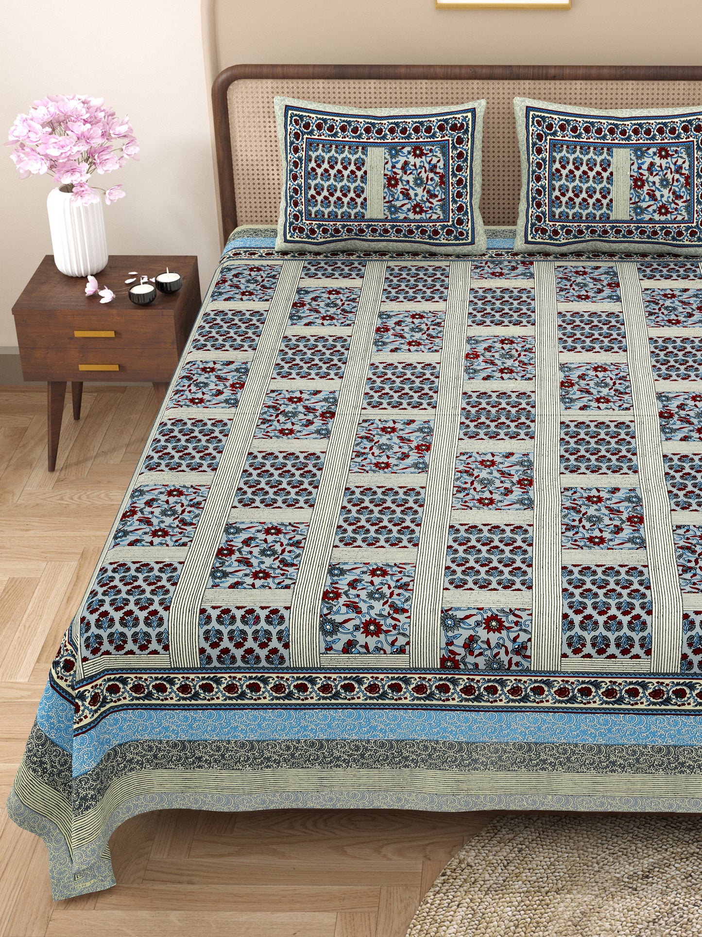 New Box Buti  Print 100% Cotton King Size Bedsheet with 2 Pillow Cover Set