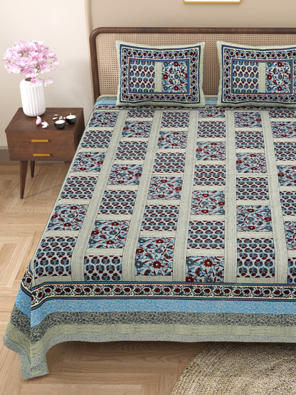 New Box Buti  Print 100% Cotton King Size Bedsheet with 2 Pillow Cover Set