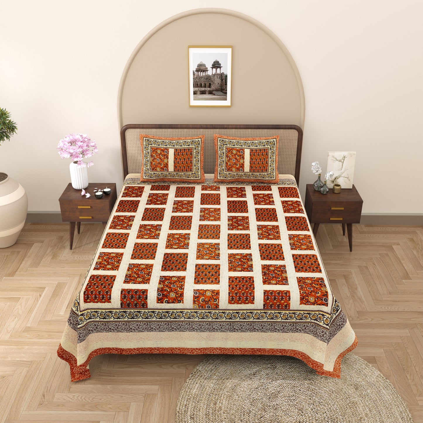 New Box Buti  Print 100% Cotton King Size Bedsheet with 2 Pillow Cover Set