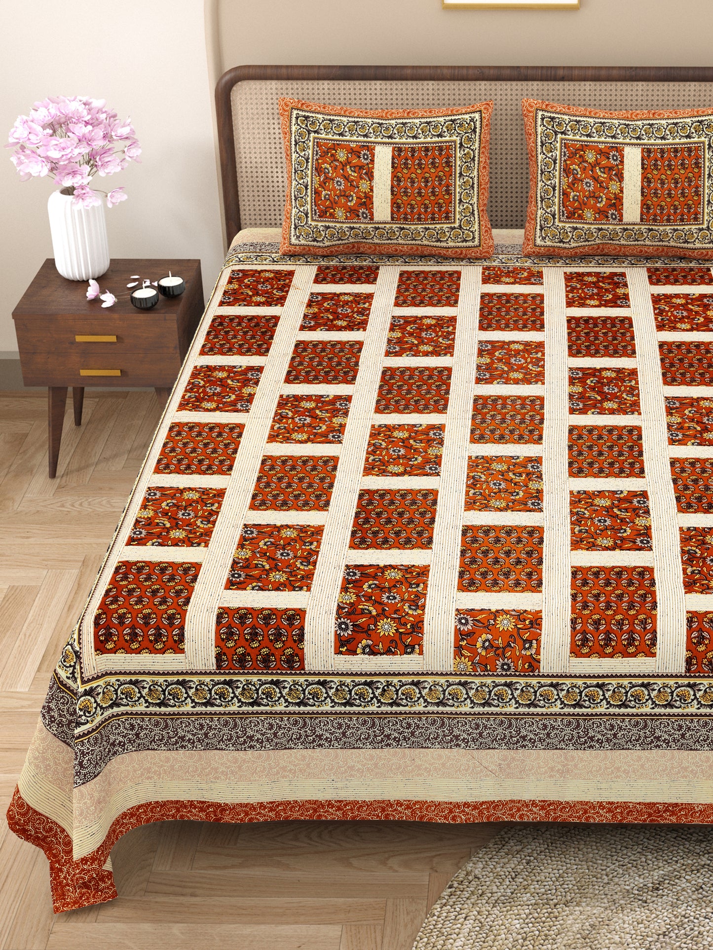 New Box Buti  Print 100% Cotton King Size Bedsheet with 2 Pillow Cover Set