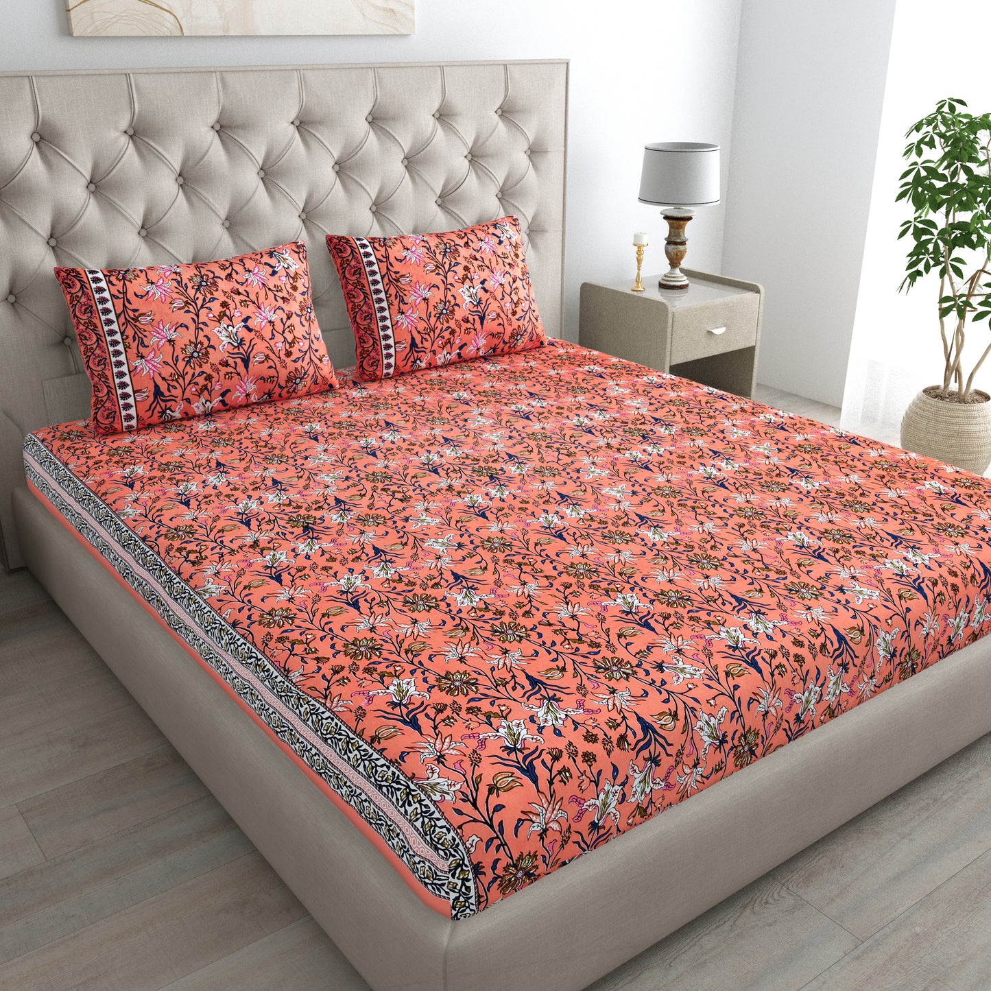 Bail Buti-Pot Bedsheet 100% Cotton Queen Size Bedsheet With 2 Pillow Cover Set