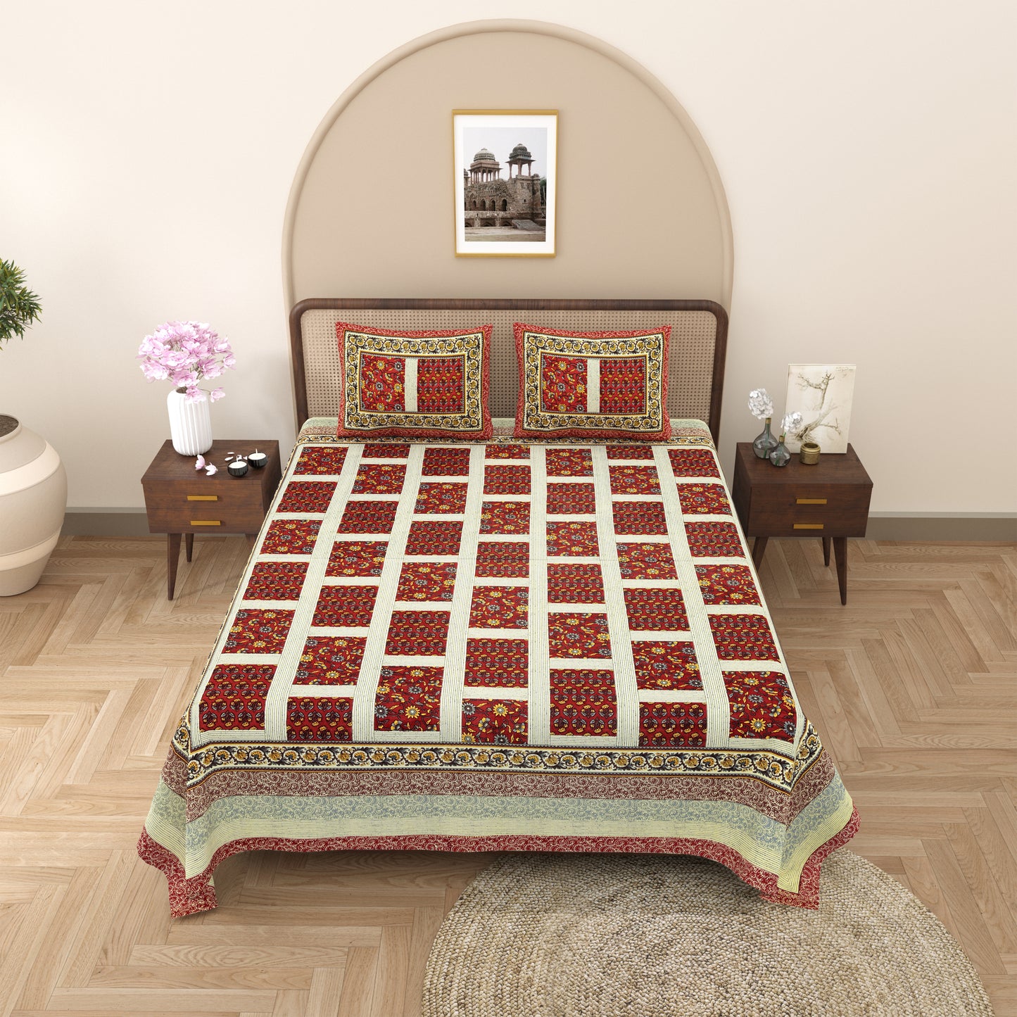 New Box Buti  Print 100% Cotton King Size Bedsheet with 2 Pillow Cover Set