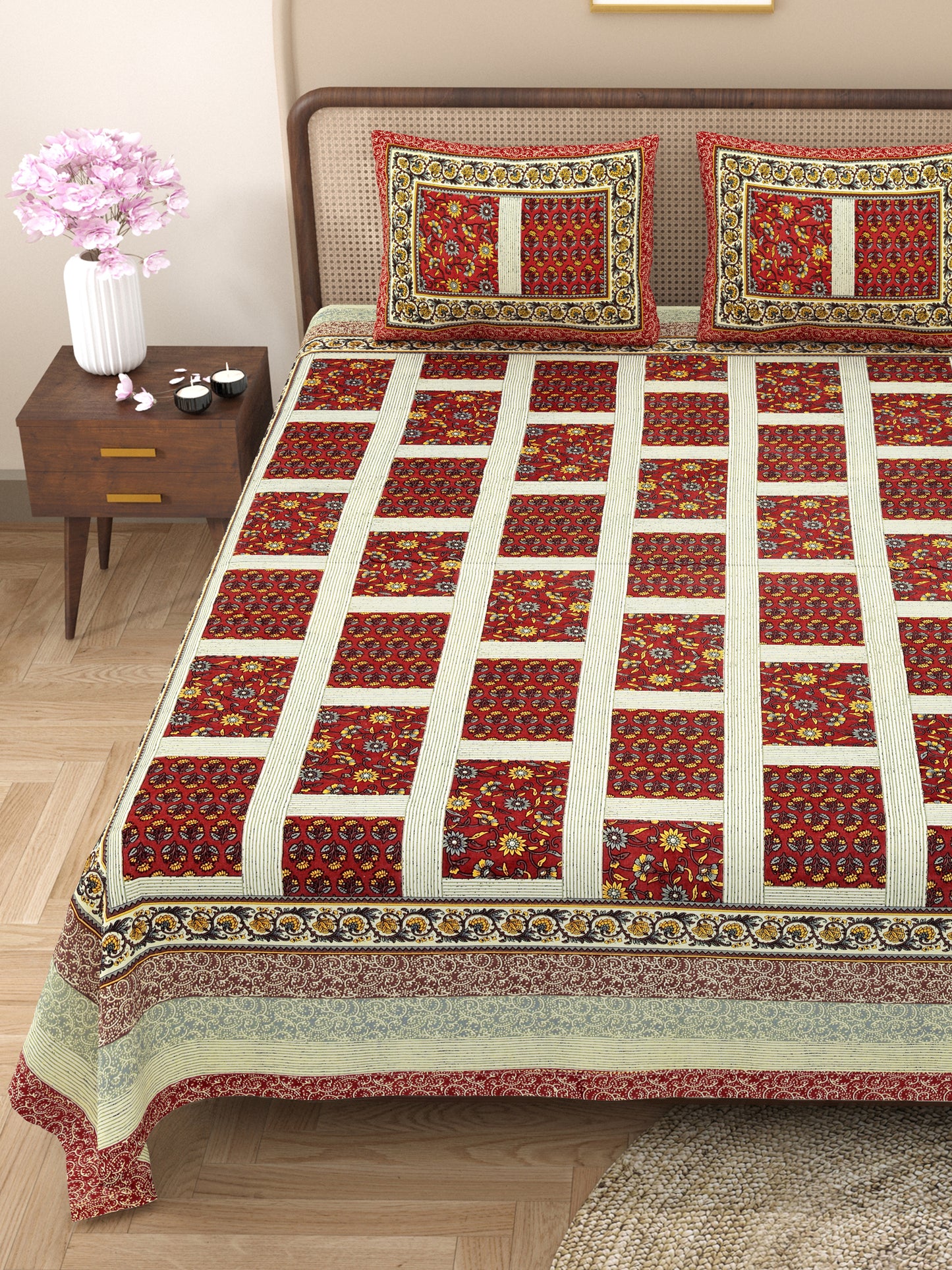 New Box Buti  Print 100% Cotton King Size Bedsheet with 2 Pillow Cover Set