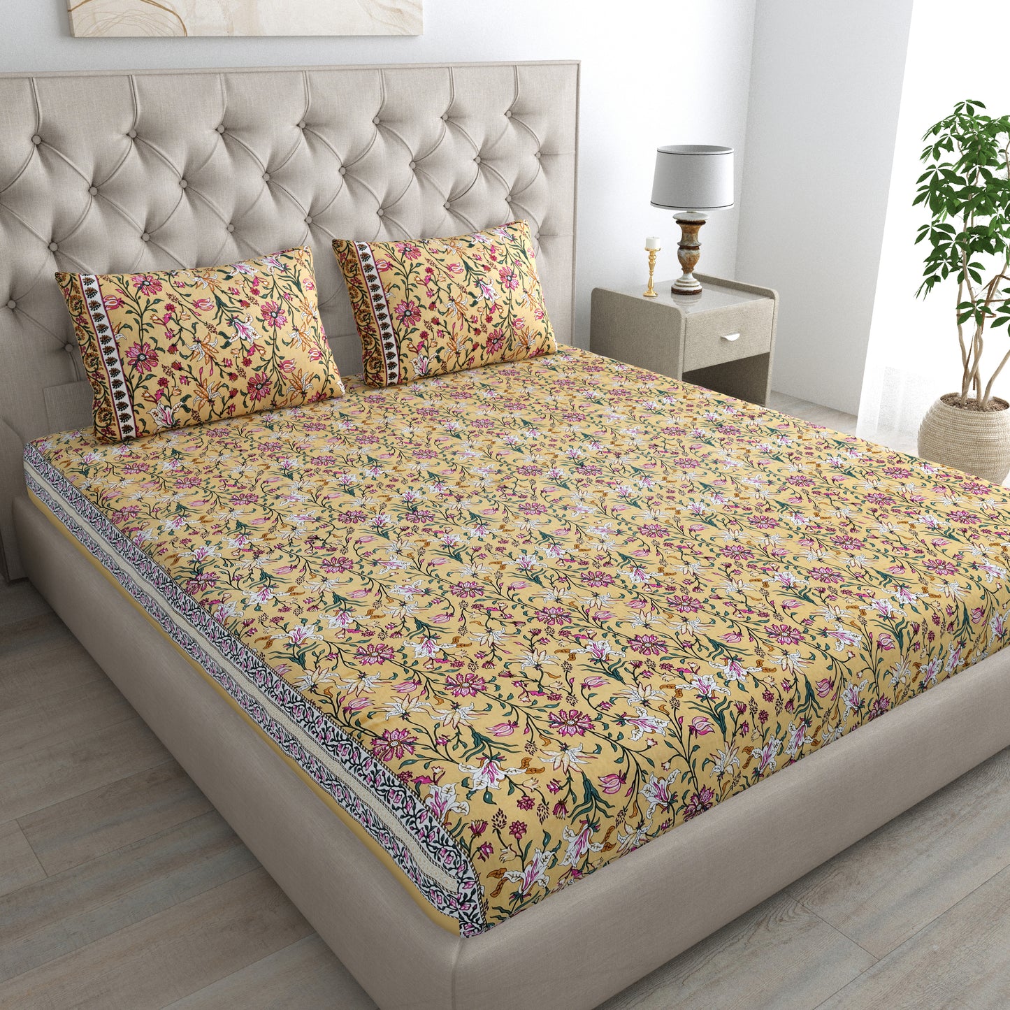 Bail Buti-Pot Bedsheet 100% Cotton Queen Size Bedsheet With 2 Pillow Cover Set