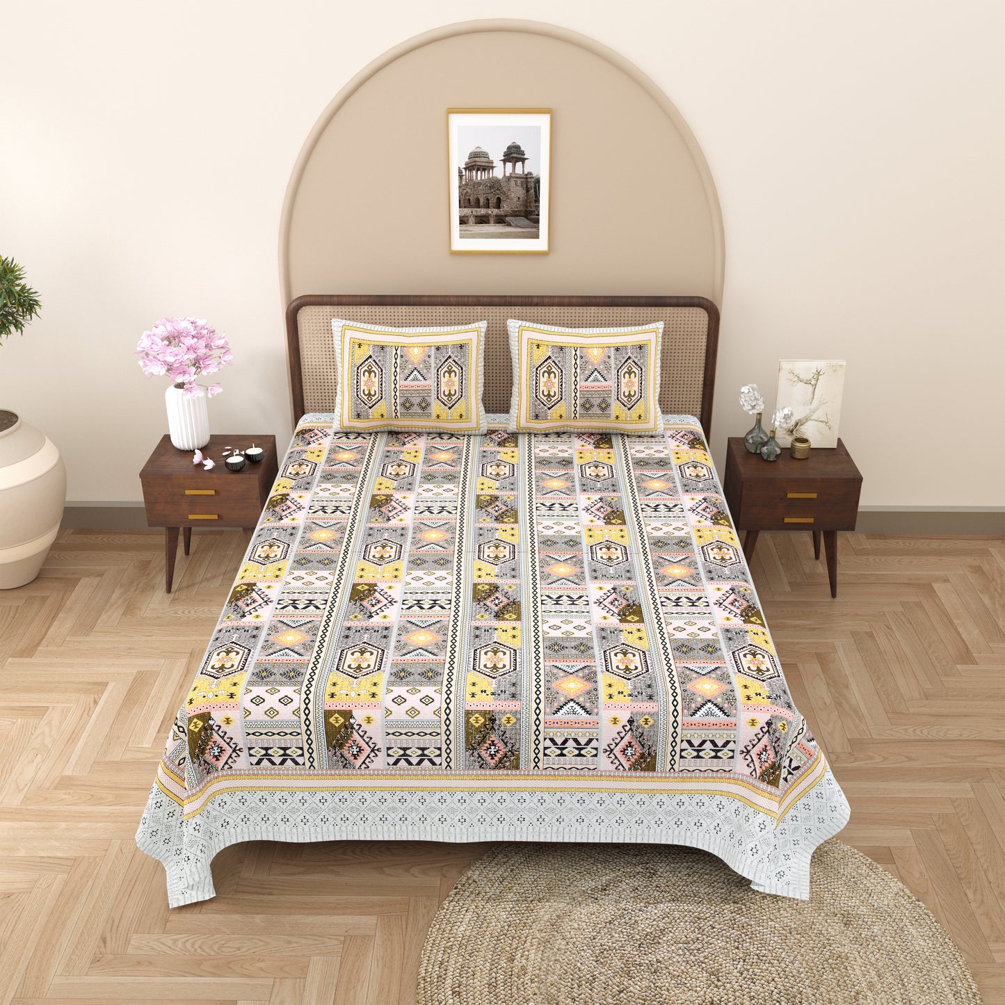 100% Cotton King Size Bedsheet with 2 Pillow Cover Set