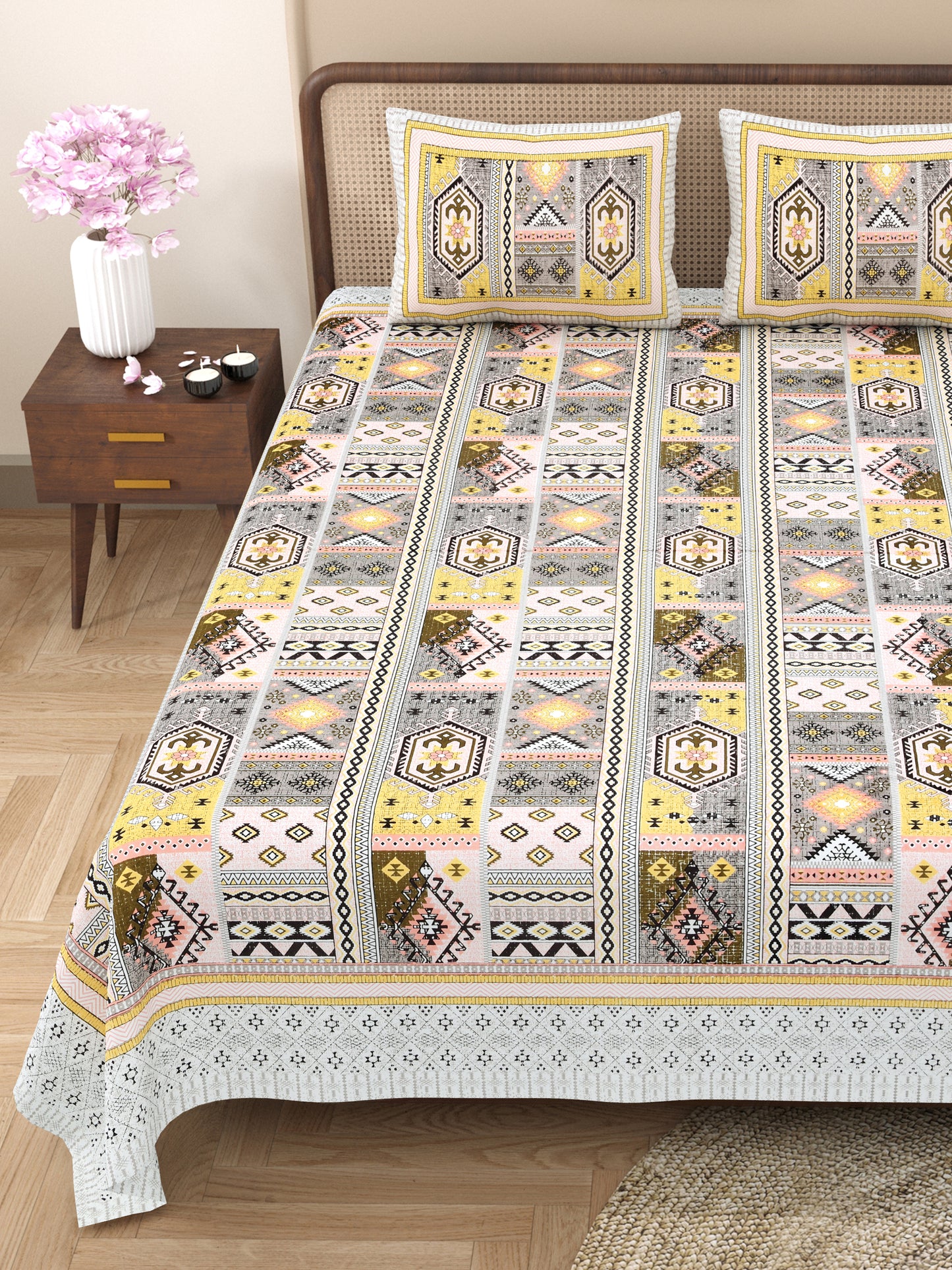 100% Cotton King Size Bedsheet with 2 Pillow Cover Set