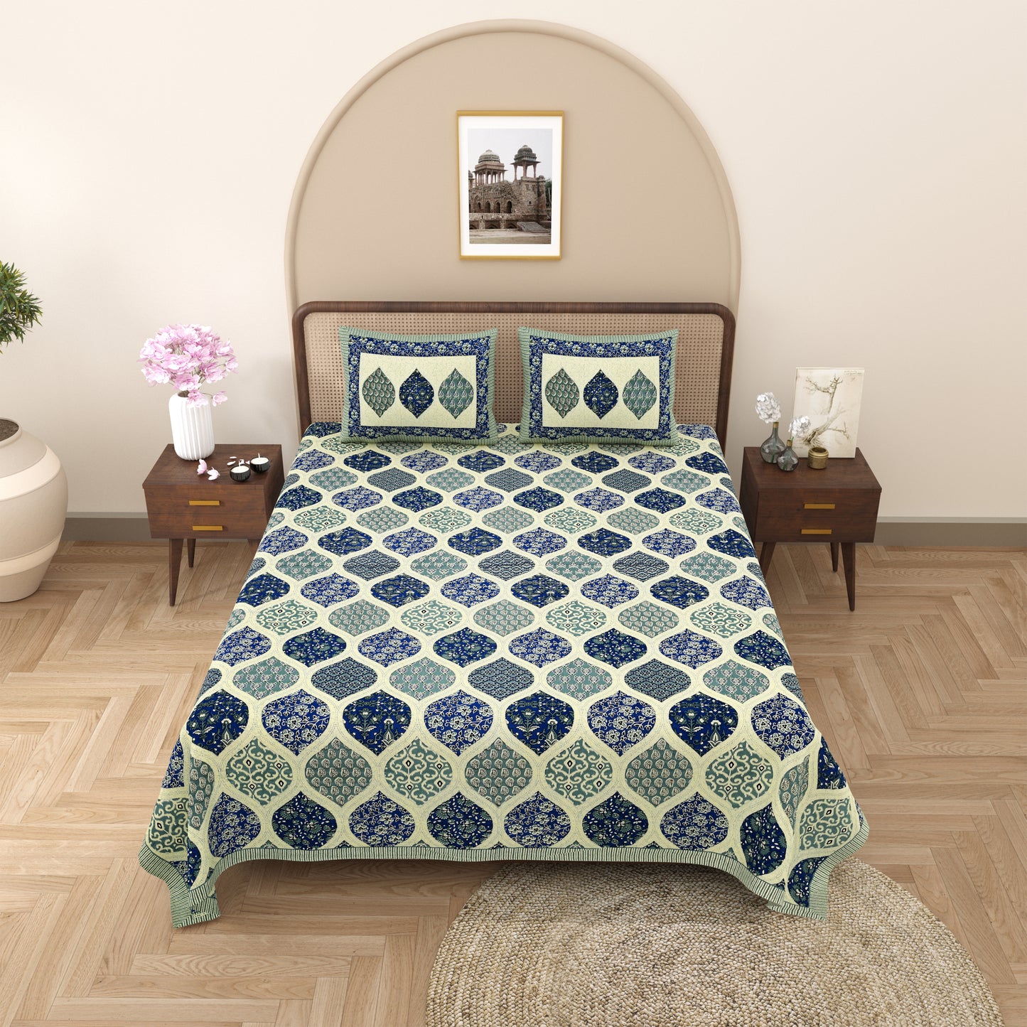 New Ajrak Print 100% Cotton King Size Bedsheet with 2 Pillow Cover Set