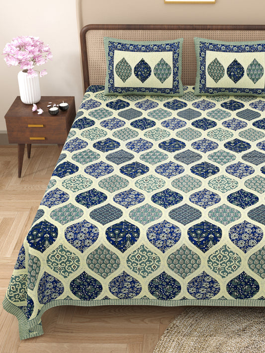 New Ajrak Print 100% Cotton King Size Bedsheet with 2 Pillow Cover Set