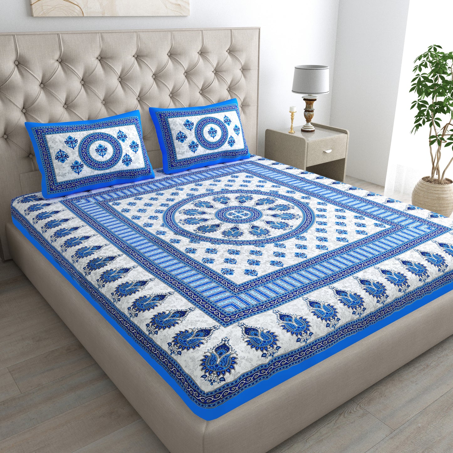 Handloom Buta Bedsheet 100% Cotton Queen Size Bedsheet With 2 Pillow Cover Set