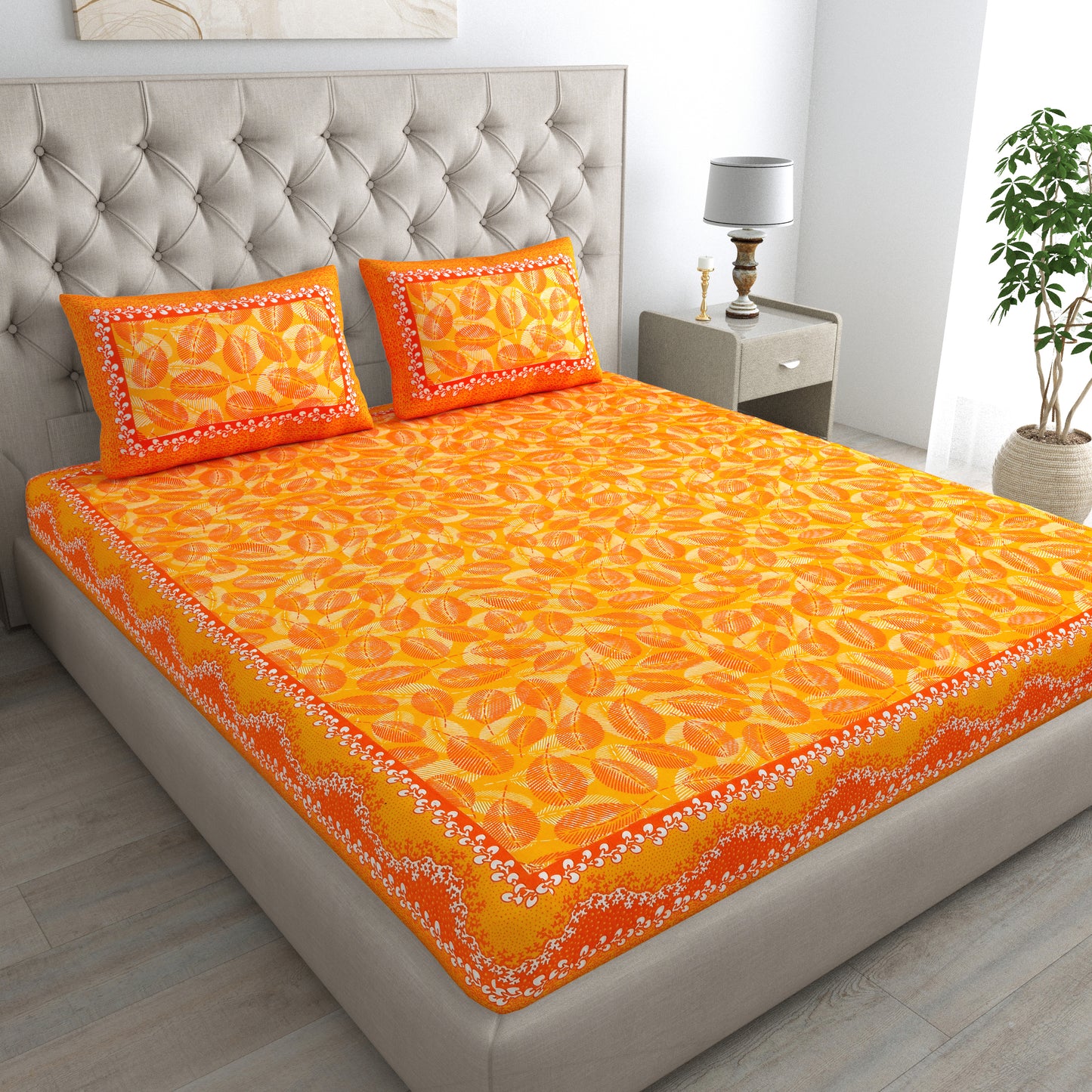 Royal Leaf Bedsheet 100% Cotton Queen Size Bedsheet With 2 Pillow Cover Set