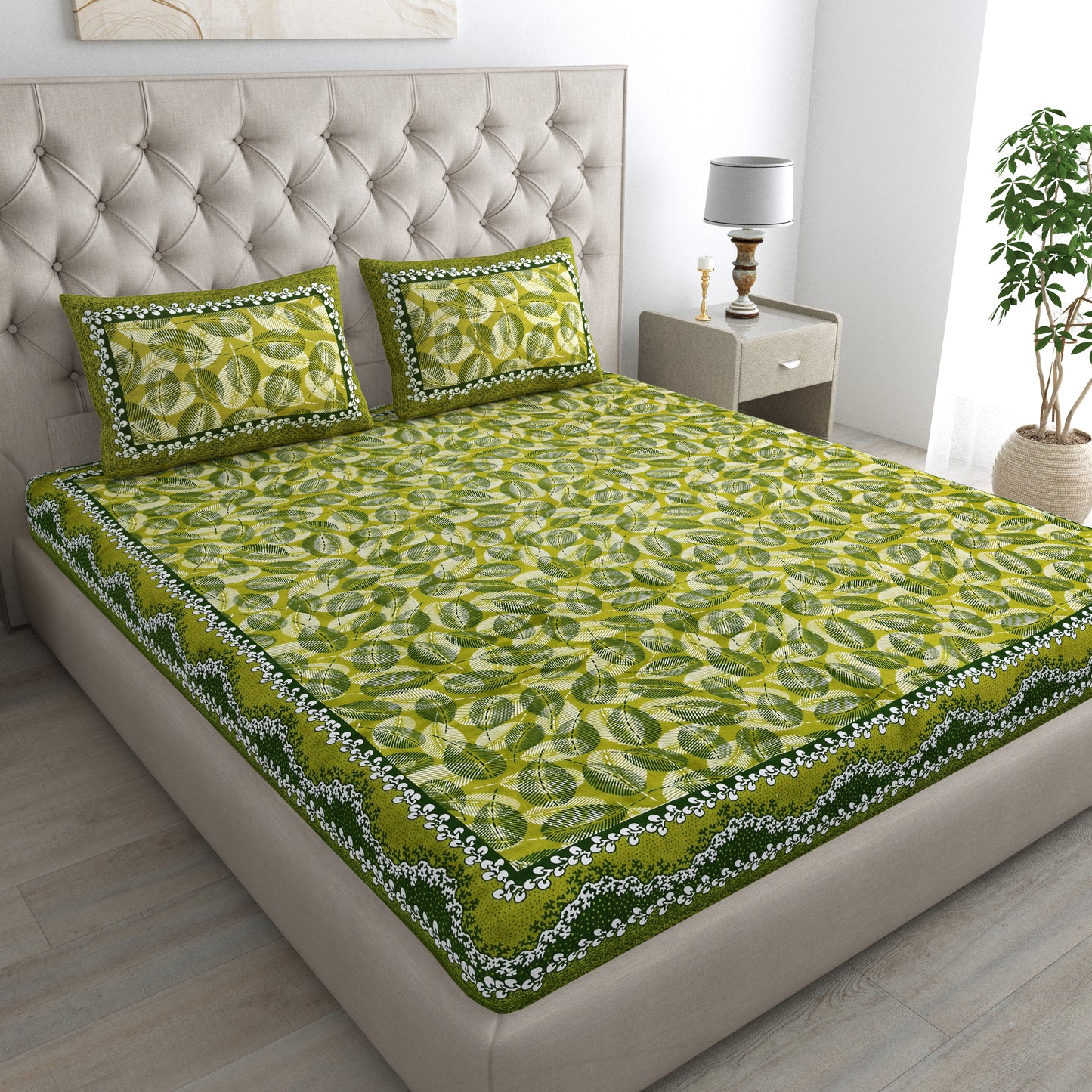 Royal Leaf Bedsheet 100% Cotton Queen Size Bedsheet With 2 Pillow Cover Set