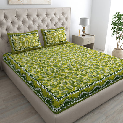 Royal Leaf Bedsheet 100% Cotton Queen Size Bedsheet With 2 Pillow Cover Set