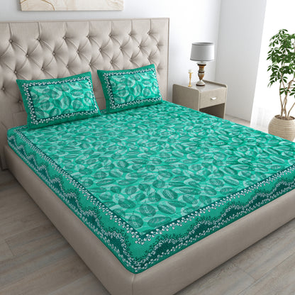 Royal Leaf Bedsheet 100% Cotton Queen Size Bedsheet With 2 Pillow Cover Set