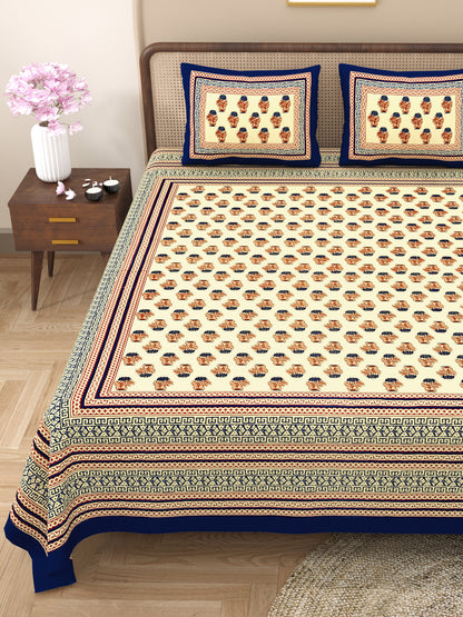 Buti Print 100% Cotton King Size Bedsheet with 2 Pillow Cover Set