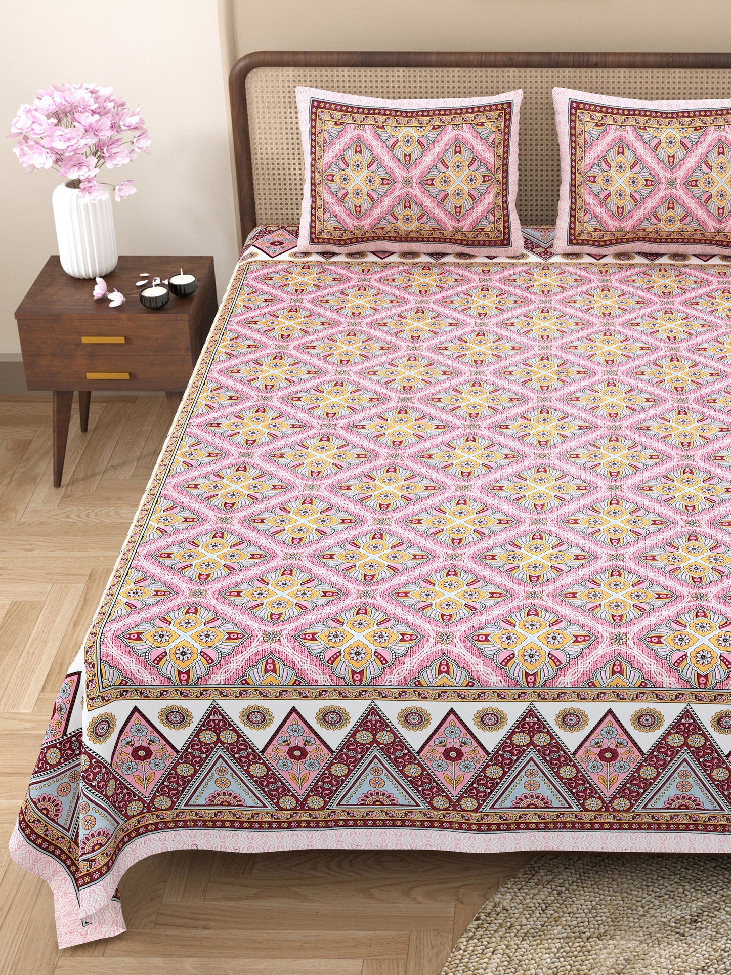 100% Cotton King Size Bedsheet with 2 Pillow Cover Set