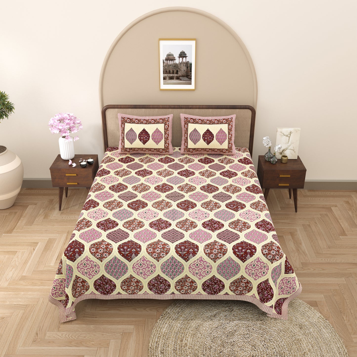 New Ajrak Print 100% Cotton King Size Bedsheet with 2 Pillow Cover Set