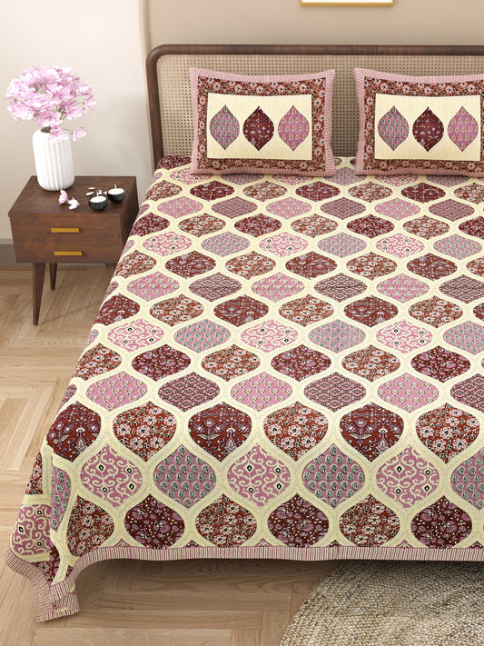 New Ajrak Print 100% Cotton King Size Bedsheet with 2 Pillow Cover Set