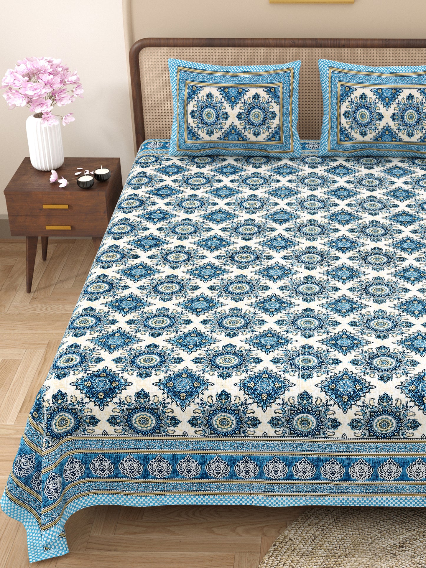 100% Cotton King Size Bedsheet with 2 Pillow Cover Set