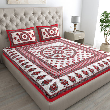 Handloom Buta Bedsheet 100% Cotton Queen Size Bedsheet With 2 Pillow Cover Set