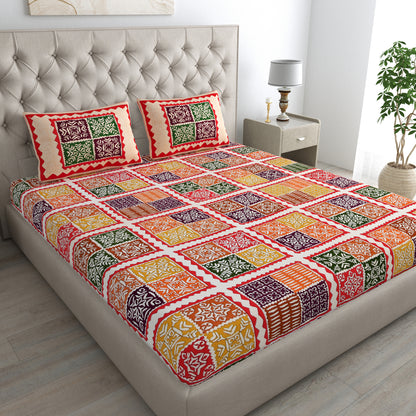 Ajrak Print Bedsheet 100% Cotton Queen Size Bedsheet With 2 Pillow Cover Set