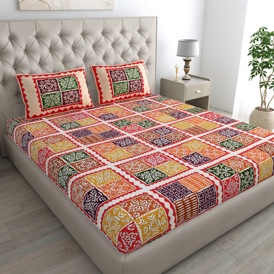 Ajrak Print Bedsheet 100% Cotton Queen Size Bedsheet With 2 Pillow Cover Set