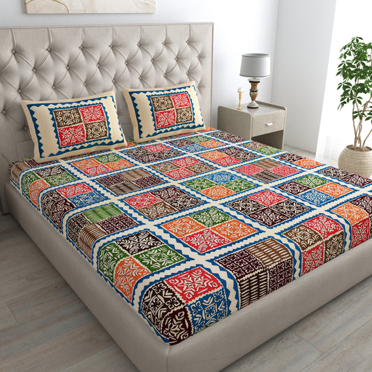 Ajrak Print Bedsheet 100% Cotton Queen Size Bedsheet With 2 Pillow Cover Set