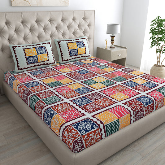 Ajrak Print Bedsheet 100% Cotton Queen Size Bedsheet With 2 Pillow Cover Set