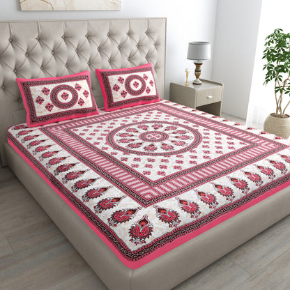 Handloom Buta Bedsheet 100% Cotton Queen Size Bedsheet With 2 Pillow Cover Set