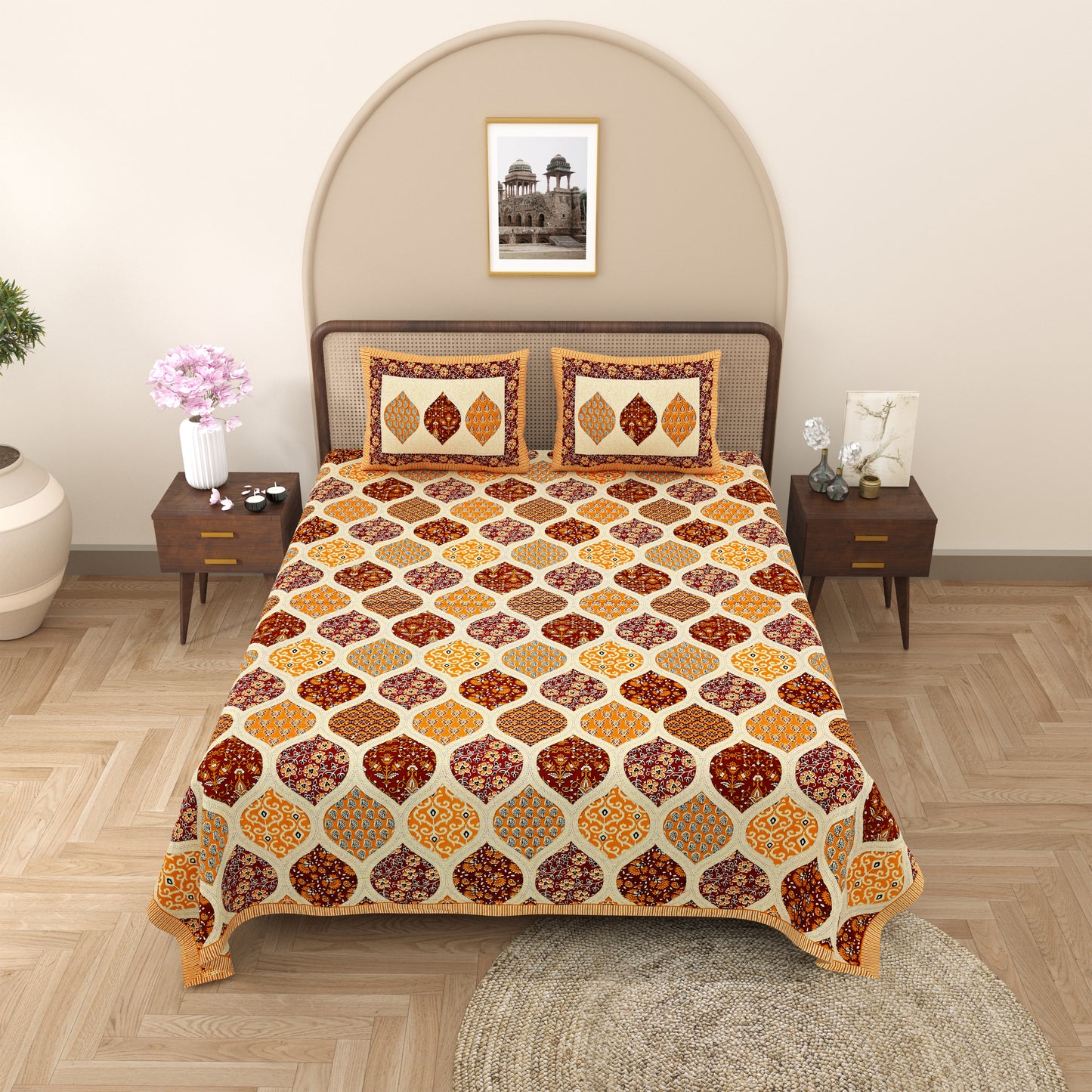 New Ajrak Print 100% Cotton King Size Bedsheet with 2 Pillow Cover Set