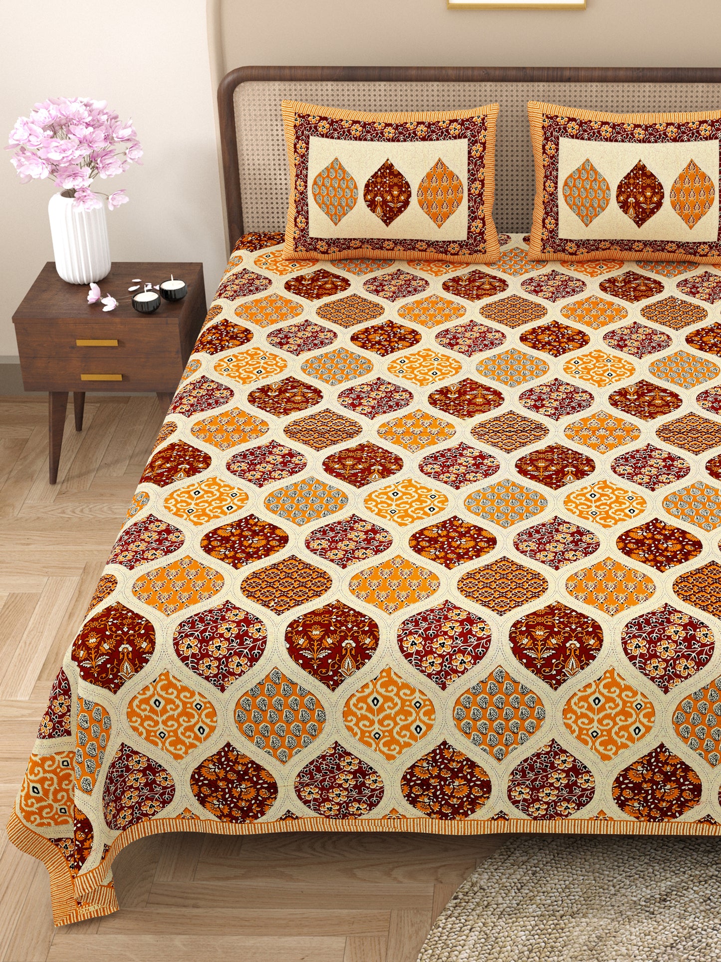 New Ajrak Print 100% Cotton King Size Bedsheet with 2 Pillow Cover Set