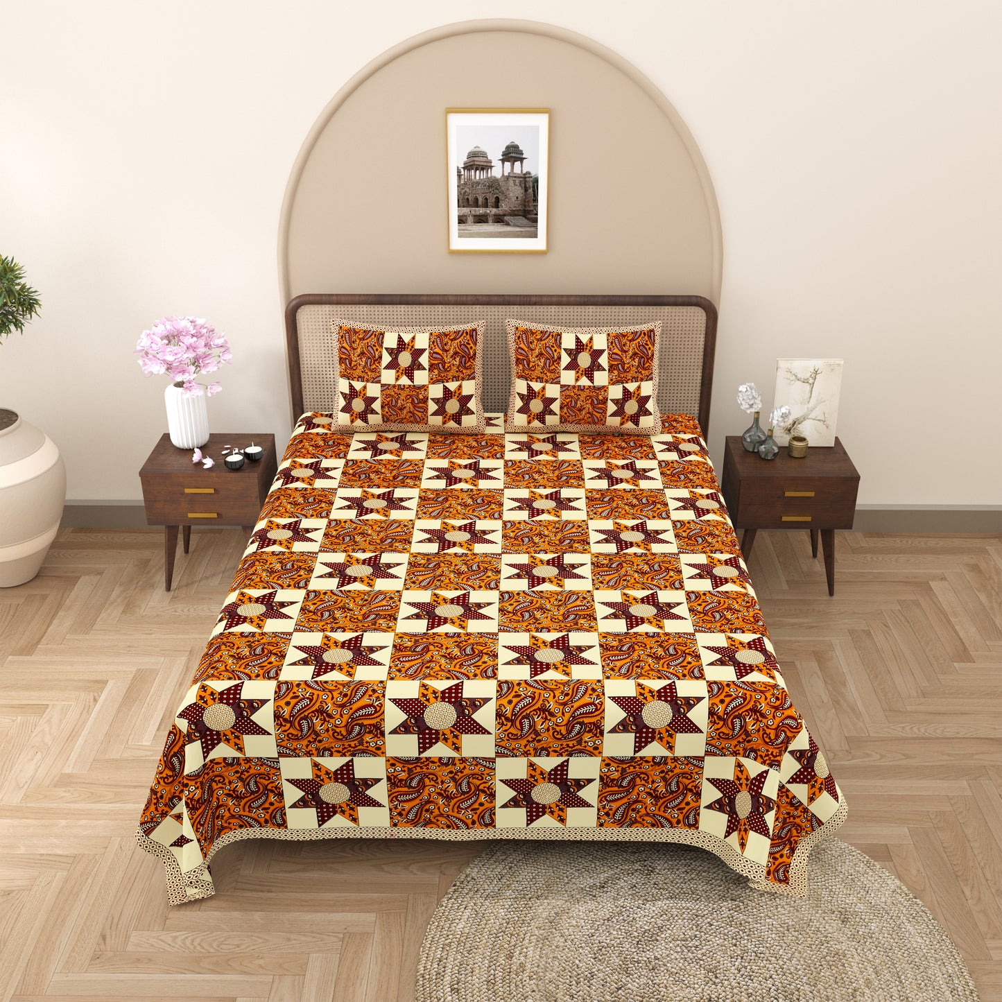 New Ajrak  Print 100% Cotton King Size Bedsheet with 2 Pillow Cover Set